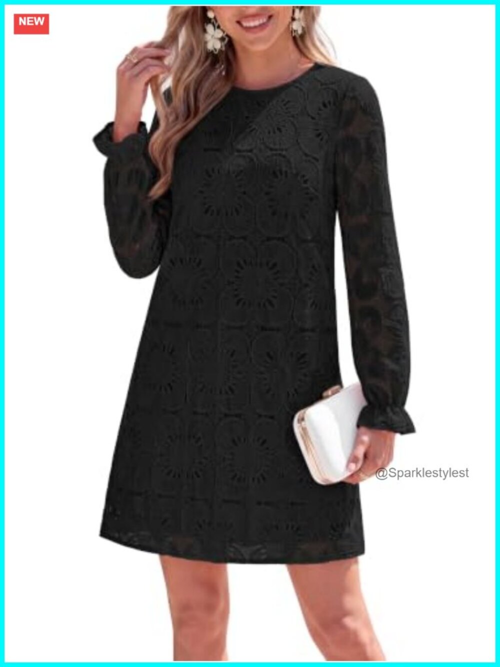 Womens Crochet Floral Eyelet Lace Mini Dress Long Sleeve Shift